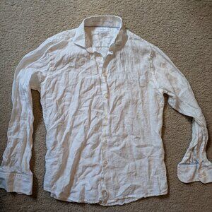 Porter & Ash White Linen Shirt with Light Blue Accents – Size Medium